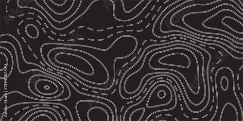 Modern Vector Abstract Earth Relief Map Featuring Conceptual Elevation, Displayed on a Black Background, Showcasing Fluid Lines and Geometric Layers for a Bold, Sophisticated Design

