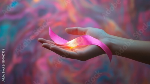 Woman Hand Holding Pink Ribbon Symbolizing Breast Cancer Awareness with Glowing Light and Abstract Colorful Background
