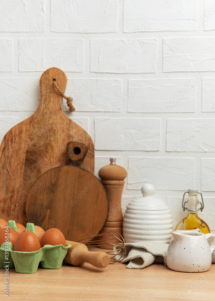 Kitchen utensils and food ingredients creating cozy culinary scene on wooden table