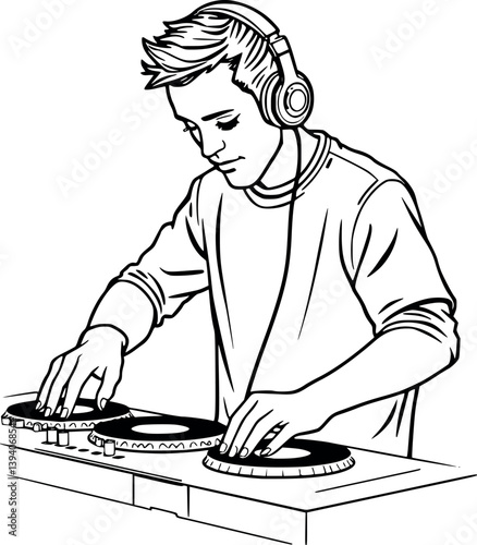 Outline DJ mixing music. Monochrome vector illustration of a musician at turntables.