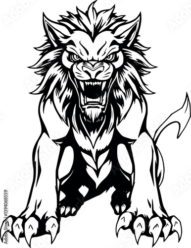 Outline manticore vector illustration. Monochrome legendary beast with scorpion tail in line art style.