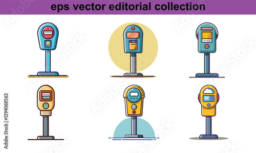 Colorful Parking Meters Vector Set Illustration, A vector collection of six colorful parking meters, ideal for urban design, city planning, and transportation themes.
