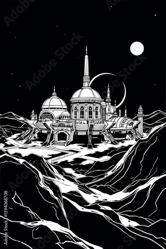 Outline futuristic space city. Vector sci-fi illustration of an extraterrestrial colony.