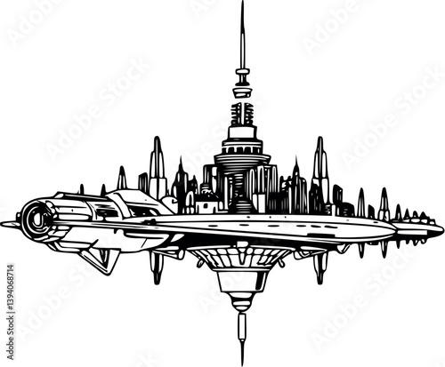 Outline futuristic space station. Vector cosmic architecture in minimalist line art style.