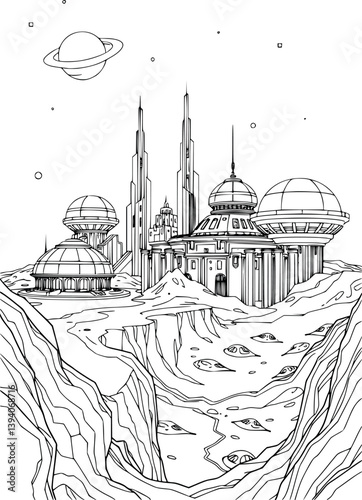 Outline futuristic space city. Vector sci-fi illustration of an extraterrestrial colony.