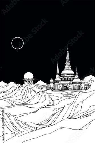 Outline futuristic space city. Vector sci-fi illustration of an extraterrestrial colony.