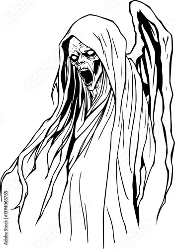 Outline banshee vector illustration. Mystical screaming spirit in minimalist line art.