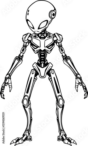 Outline robotic alien hybrid. Vector sci-fi creature in futuristic minimalist line art style.