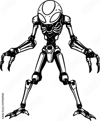 Outline robotic alien hybrid. Vector sci-fi creature in futuristic minimalist line art style.