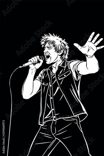 Outline rock singer with microphone. Vector illustration of a dynamic vocalist in line art style.