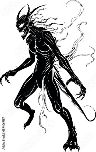 Outline shapeshifter vector illustration. Monochrome mystical being in transition in line art style.