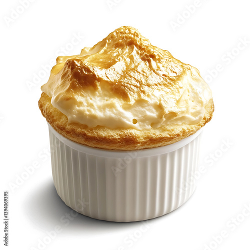 Fluffy and golden soufflé with a light, airy texture and a delicate golden top, isolated white background