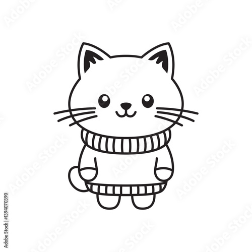 Happy Cute Kitten Little Cat Pet Animal Cartoon Character Wearing Sweater in Line Art Style