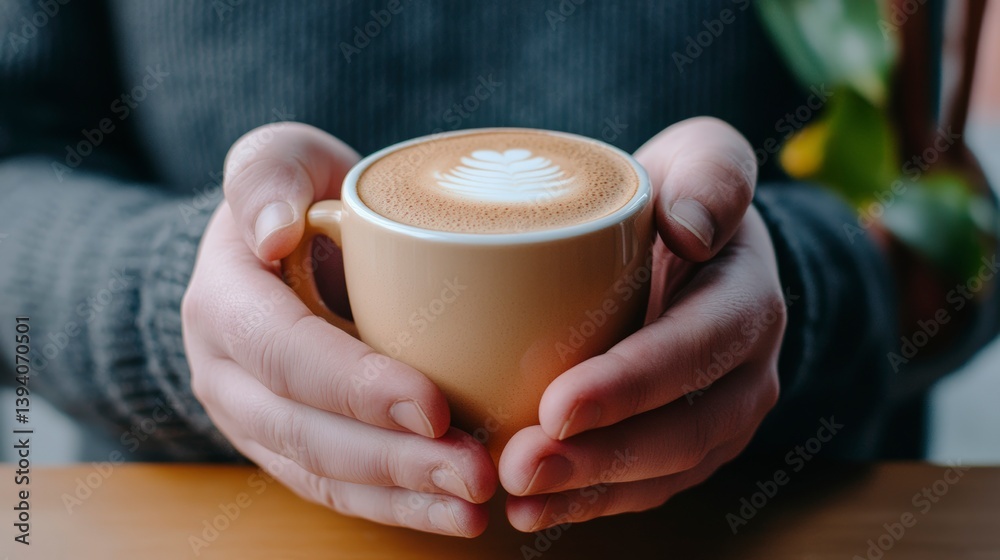 Cozy Moment of a Person Savoring Cappuccino on a Chilly Morning with Hands Cradling a Warm Cup Cozy Moment of a Person Savoring Cappuccino on a Chilly Morning with Hands Cradling a Warm Cup