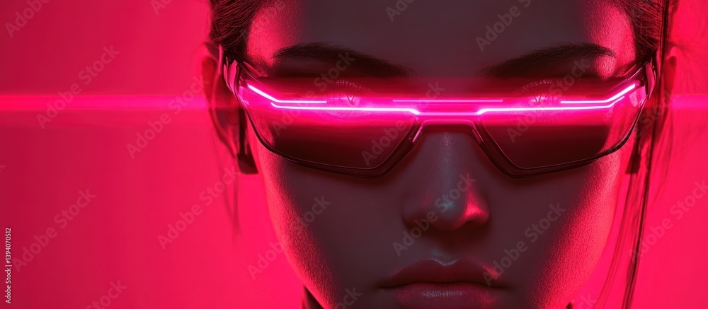 Close-up of a woman wearing futuristic neon pink glasses.