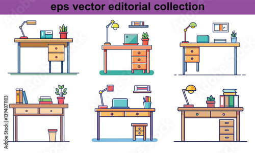 Colorful Vector Collection of Office Desks, Flat design vector set of six creative office desk setups with lamps, books, plants, and work accessories for editorial use.
