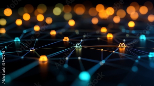 Abstract Network of Interconnected Nodes with Blue and Orange Lights in Dark Background
