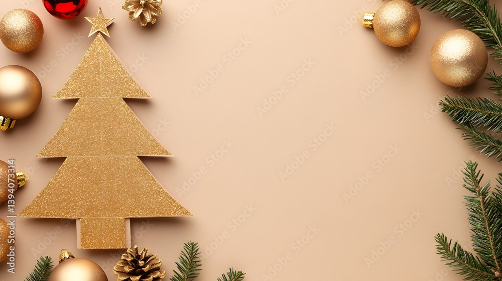 Fototapeta premium Glittery Gold Christmas Tree Ornament Flatlay Beige Background
