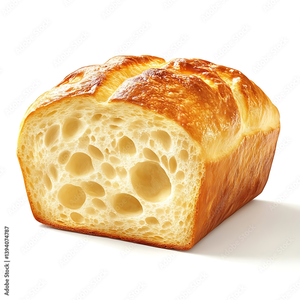 Freshly baked sourdough bread with a thick crispy crust soft chewy interior with irregular air pockets, isolated white background, hyperrealism art style