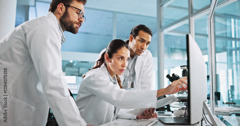Teamwork, chemistry or scientists on computer for vaccine breakthrough, clinical trial or DNA discovery. People, medical test or science research in lab with results notes, bacteria or medicine cure Teamwork, chemistry or scientists on computer for vaccine breakthrough, clinical trial or DNA discovery. People, medical test or science research in lab with results notes, bacteria or medicine cure