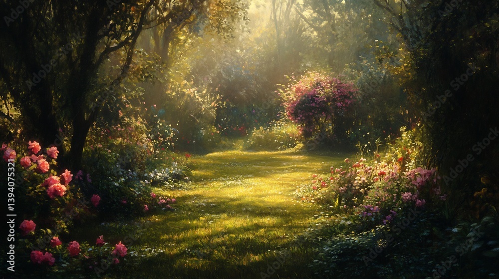 Sunlit Garden Path: A Serene Impressionist Floral Scene Sunlit Garden Path: A Serene Impressionist Floral Scene