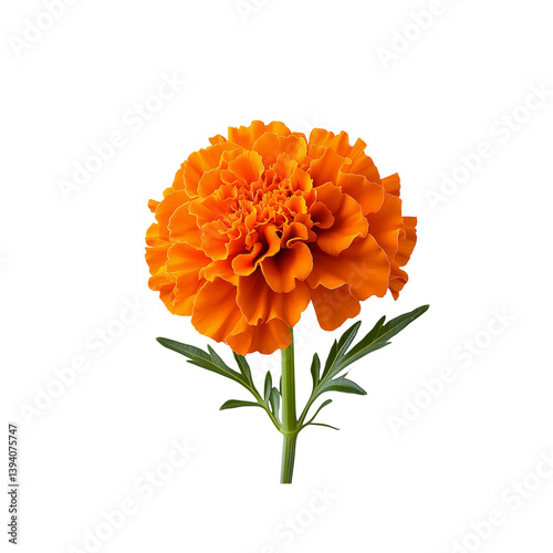 A vibrant orange marigold flower with layered petals and green leaves, rich color and intricate design.