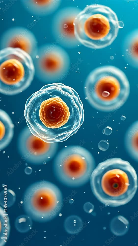 Microscopic view of cells with orange nuclei floating in blue liquid, showcasing intricate biological structures