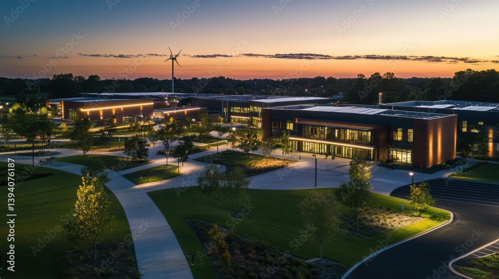 Obraz premium Elevated View of Large Modern Corporate Headquarters Building Complex at Dusk