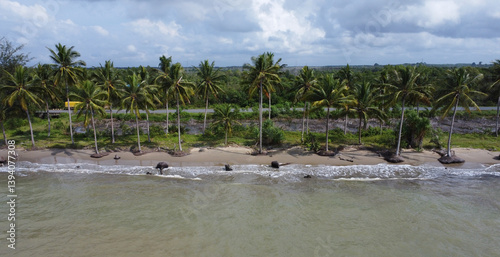 Aerial view of ocean waves rolling onto a beautiful beach with pink sand at sunrise. Sandy coastline with turquoise ocean waves. Gentle ocean waves on