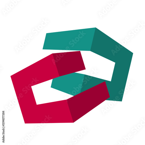 interlocked geometric shapes in red and green forming a dynamic 3d logo, symbolizing connection and synergy on a white background