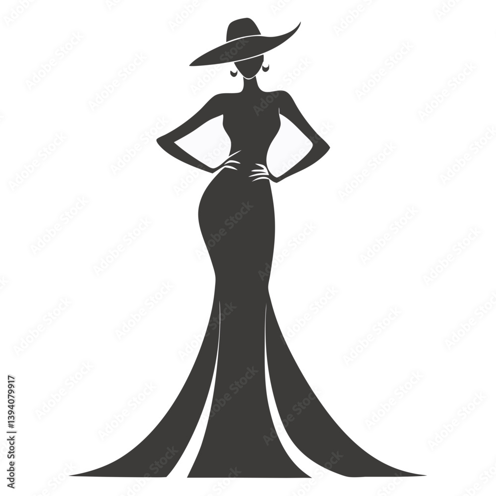 Fototapeta premium Elegant Silhouette of a Woman in a Flowing Gown and Wide-Brimmed Hat