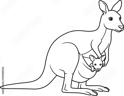 Mother Kangaroo and Joey in Monochrome: A black and white illustration showcases a mother kangaroo, with her joey nestled securely in her pouch, conveying maternal care and protection. 