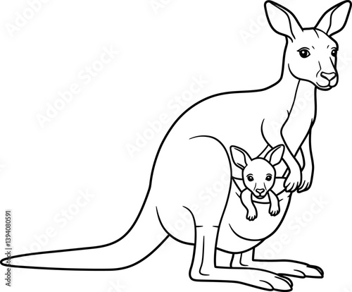 Mother kangaroo with Joey: A heartwarming illustration of a mother kangaroo with her Joey in pouch, showcasing the strong bond and care, ready to color and personalize.
