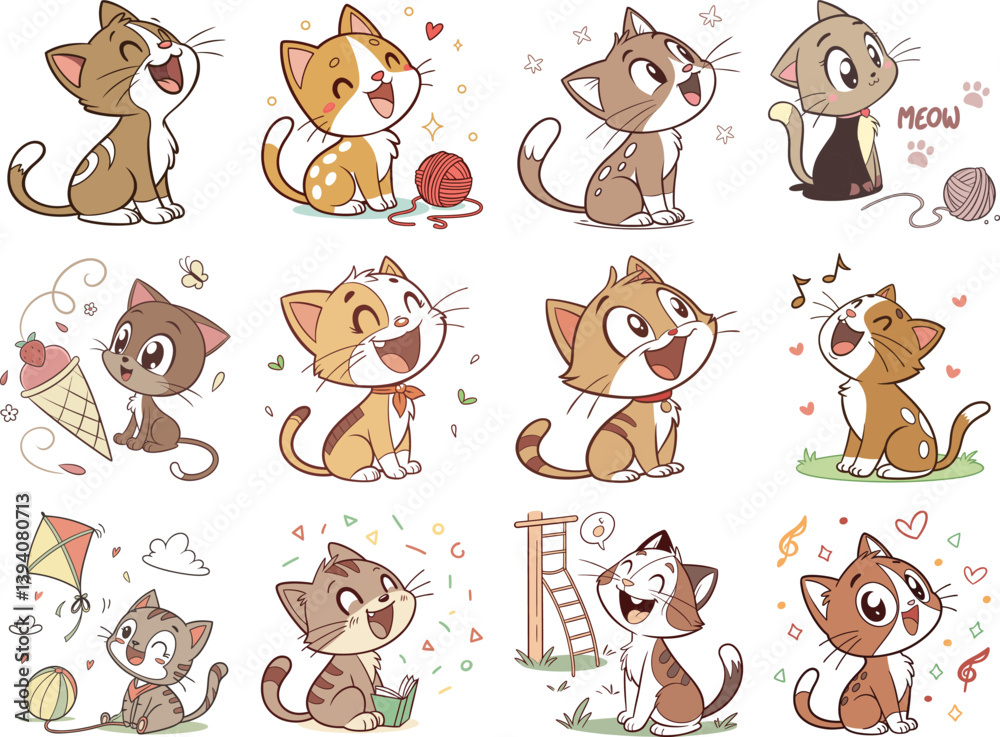 Fototapeta premium Cute funny cat cartoon vector , animal, cartoon, funny, vector, cute, illustration, happy, character, kitten, cat, pet, set, baby, adorable, isolated, kitty, doodle, icon, collection, design, drawing,