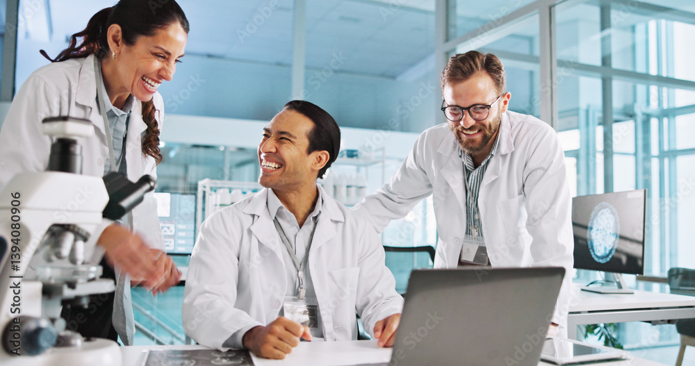 Fototapeta premium Team, happy scientist and people in lab for cure discovery, breakthrough or innovation discussion. Science worker, medical collaboration and laptop with test results, healthcare research and laugh