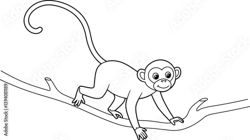 Monkey Swinging By Tail Coloring Sheet On Branch Outline Printable Childrens Primate Fun Illustration