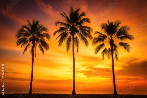 Night Palm Trees Silhouette Orange Sky - Tropical Night Photography, Palm Shadow, Sunset Palm Trees