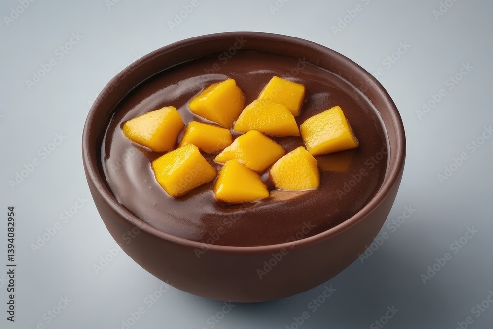 A Brown Bowl Filled With Chocolate Pudding And Mango Pieces A Brown Bowl Filled With Chocolate Pudding And Mango Pieces