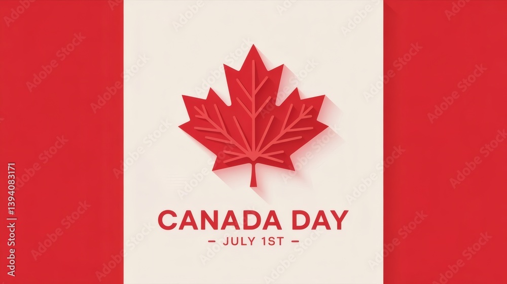 Fototapeta premium Modern Canada Day Poster with 3D Maple Leaf Design, Minimalist Canada Day Celebration Graphic – July 1, Stylized Canadian Flag with Maple Leaf and Canada Day Text, Elegant Canada Day Design