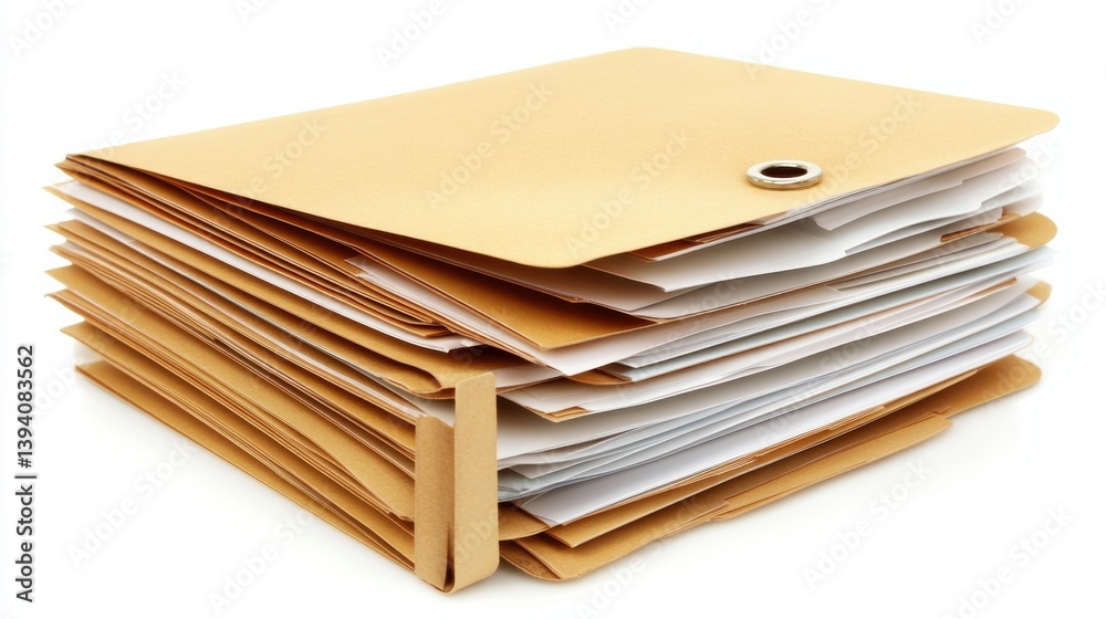 Stack of manila folders filled with documents and papers on a white background for office use Stack of manila folders filled with documents and papers on a white background for office use