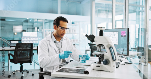 Canvas Print Microscope, beaker and research with man in laboratory for chemical sample, cancer cure and healthcare