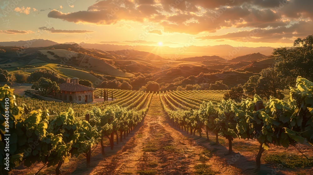 Naklejka premium A serene vineyard landscape at sunset, showcasing rows of grapevines and a rustic building.