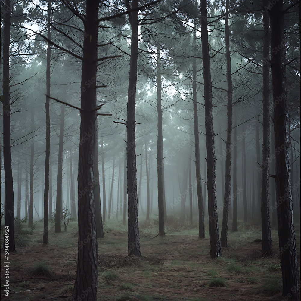 Obraz premium A foggy pine forest in the early morning