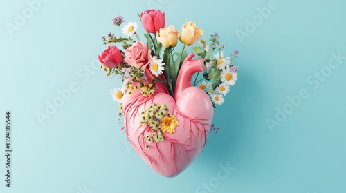 3D Render of an Anatomical Heart in Pink, Filled with Vibrant Flowers