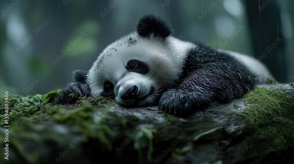 Obraz premium Sleepy panda resting on mossy log in misty forest