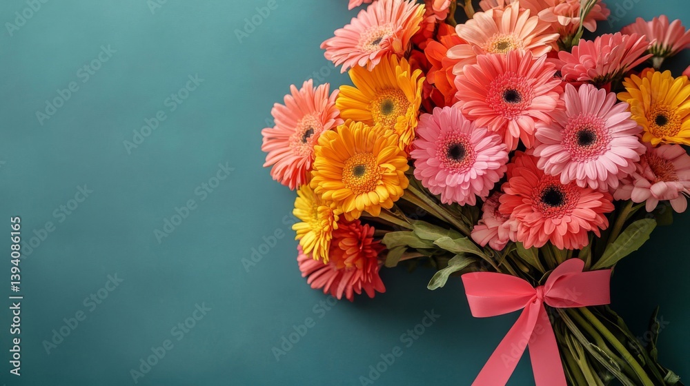 Obraz premium Vibrant Gerbera Daisy Bouquet with Pink Ribbon on Teal Background for Celebration