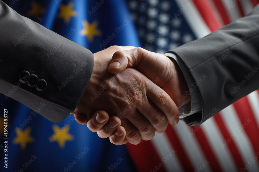 Two businessmen are shaking hands in front of the flags of the European Union and the United States of America.