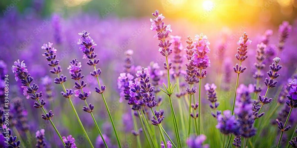 Naklejka premium Vintage Lavender Field Photography, Purple Flowers, Green Background, Retro Floral Image, Botanical Art Print