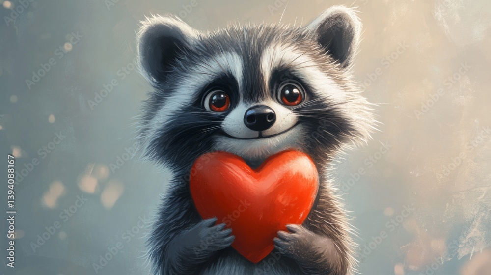 Obraz premium Raccoon Holding a Red Heart with a Bokeh Background Depicting Love Affection and Joy