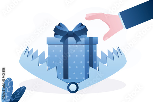 Gift box in animal trap, bait. Customer hand want take prize or gift. Marketing, promotion campaign. Deception, scam, fake discount or seasonal sale. Fraud, freebie, crime and lie.